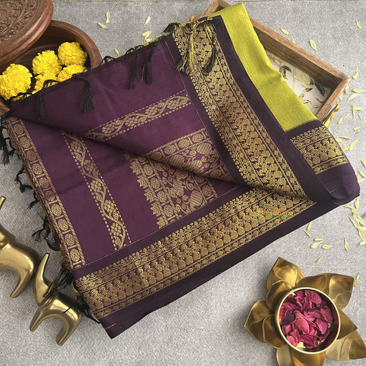 Vriksham Olive Green With Grape Wine Border-Kalyani Cotton Saree-VS4177