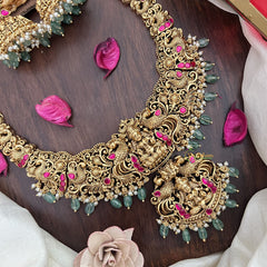 Vriksham Lakshmi Dual Peacock Pendant Long Neckpiece-Red-Pastel Green Bead-G17865