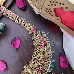 Vriksham Lakshmi Dual Peacock Pendant Long Neckpiece-Red-Pastel Green Bead-G17865