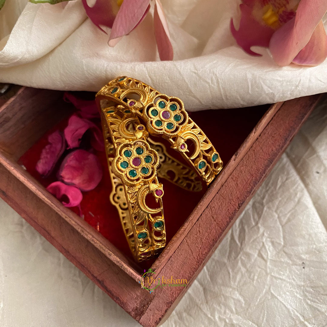 Premium Gold Look Alike Dual Peacock Flower AD Stone Bangle Set  - G11713