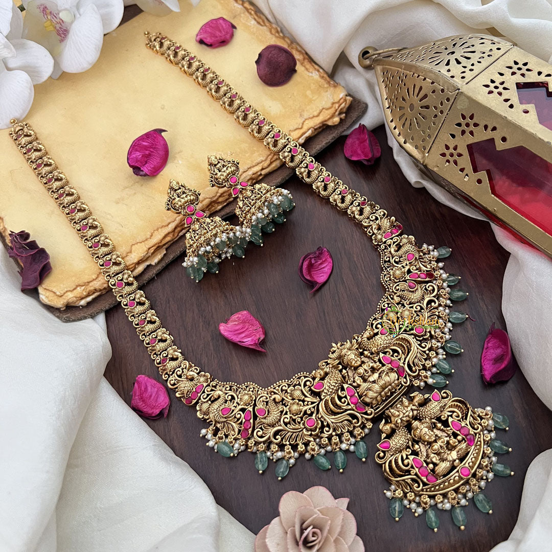 Vriksham Lakshmi Dual Peacock Pendant Long Neckpiece-Red-Pastel Green Bead-G17865