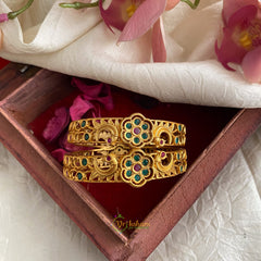 Premium Gold Look Alike Dual Peacock Flower AD Stone Bangle Set  - G11713