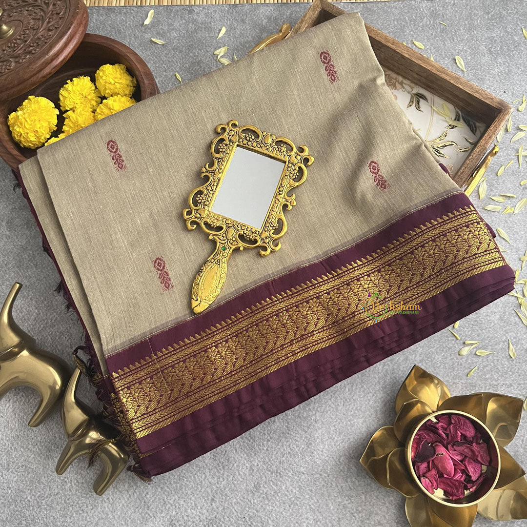 Vriksham Beige With Maroon Border-Kalyani Cotton Saree-VS4186