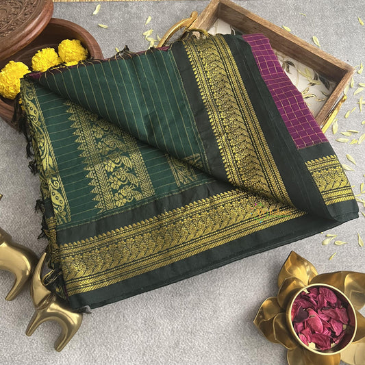 Vriksham Hot Pink With Bottle Green Border-Vairaoosi Podi Kattam-Kalyani Cotton Saree-VS4187