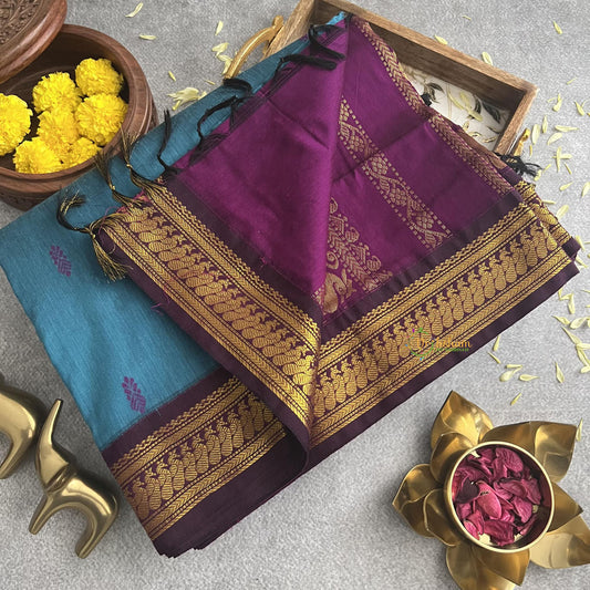 Vriksham Teal Blue With Purple Border-Kalyani Cotton Saree-VS4176