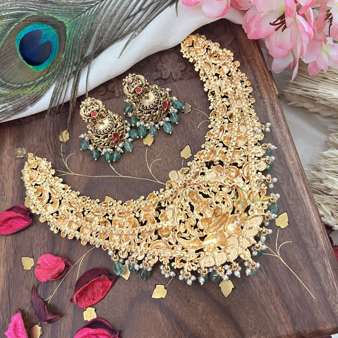 Vriksham Gold Look Alike Lakshmi With Peacock-Red-Pastel Green Bead-G18140