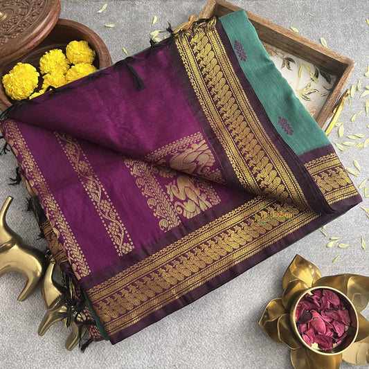 Vriksham Green With Purple Border-Kalyani Cotton Saree-VS4168