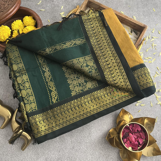 Vriksham Mustard With Bottle Green Border-Kalyani Cotton Saree-VS4174