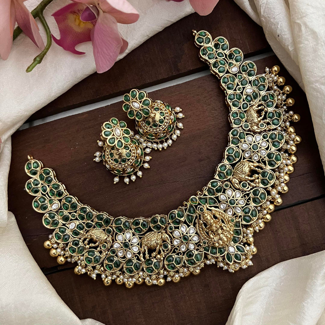 Precious Green Stone Lakshmi Elephant Neckpiece-Golden Beads-Pearls-G12720