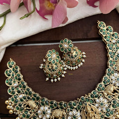 Precious Green Stone Lakshmi Elephant Neckpiece-Golden Beads-Pearls-G12720