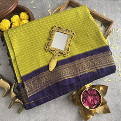 Olive With Purple Border-Vairaoosi Podi Kattam-Kalyani Cotton Saree - VS3448