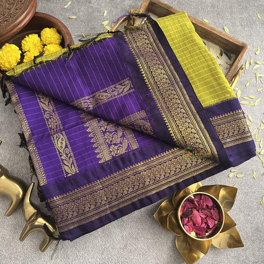 Olive With Purple Border-Vairaoosi Podi Kattam-Kalyani Cotton Saree - VS3448