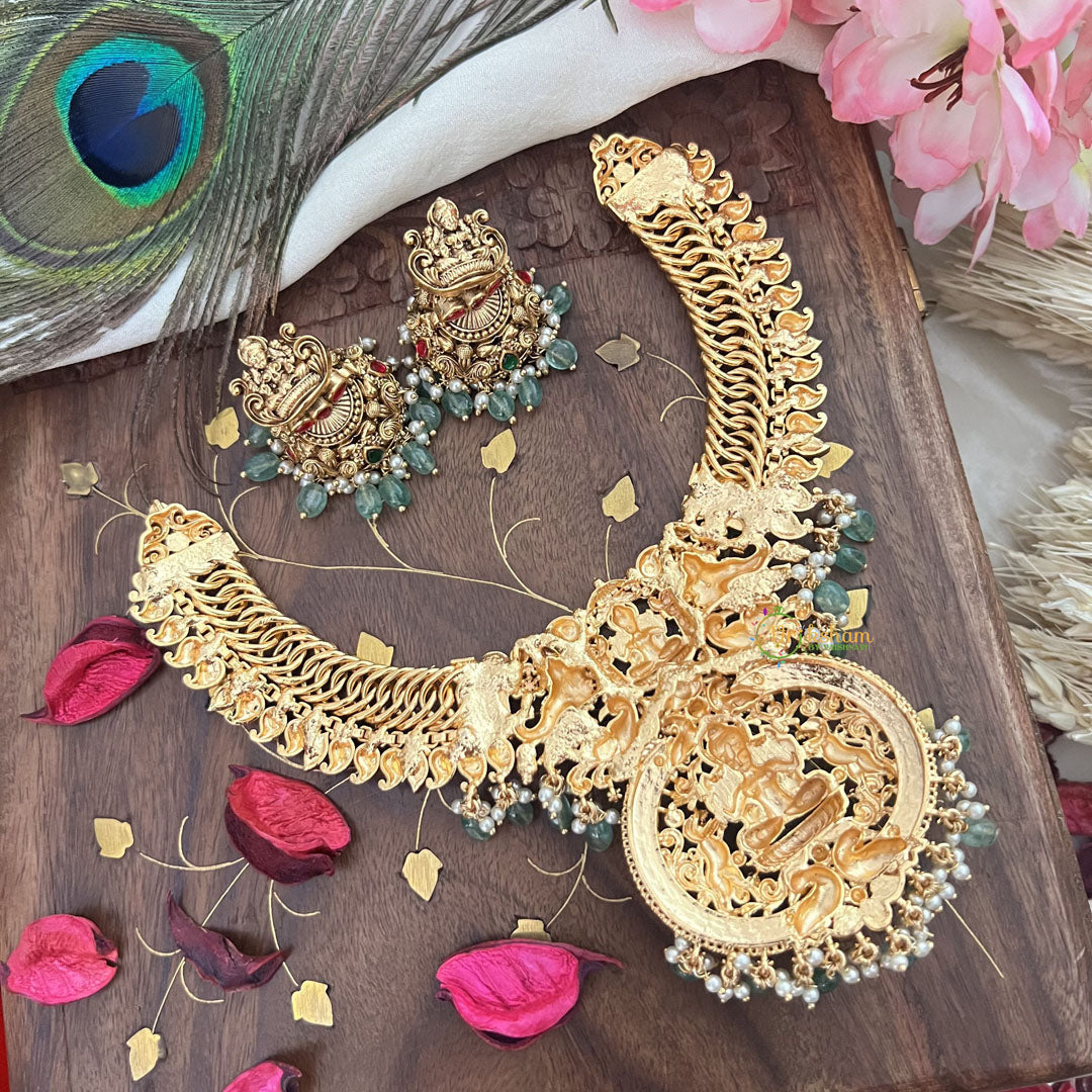Vriksham Exquisite Jalebi Style Lakshmi Pendant Short Neckpiece-Red Green-Pastel Green Bead-G18141
