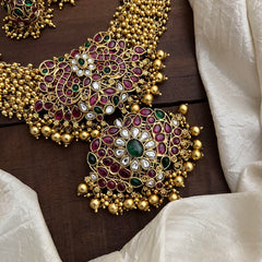 Premium Jadau Kundan Short Neckpiece-Golden Pearls-G12724