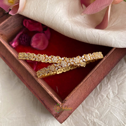 Premium Gold Look Alike Floral AD Stone Bangle Set - White - G11724