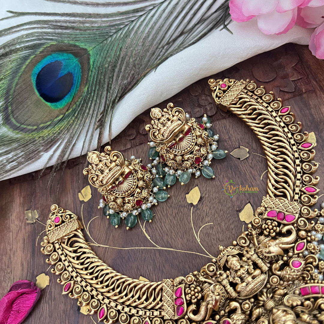Vriksham Lakshmi Pendant Jalebi Style Short Neckpiece-Red-Pastel Green Bead-G18070