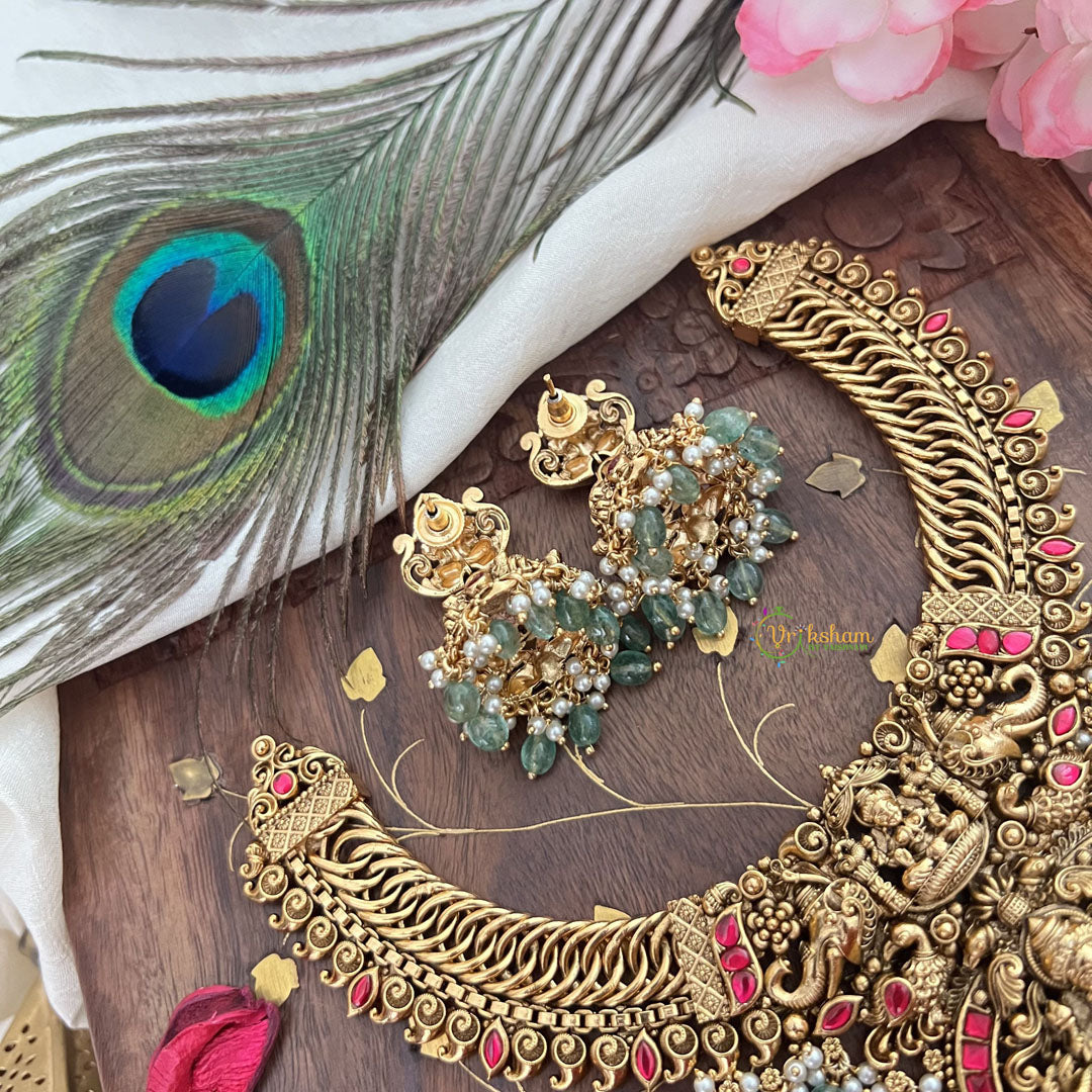 Vriksham Lakshmi Pendant Jalebi Style Short Neckpiece-Red-Pastel Green Bead-G18070