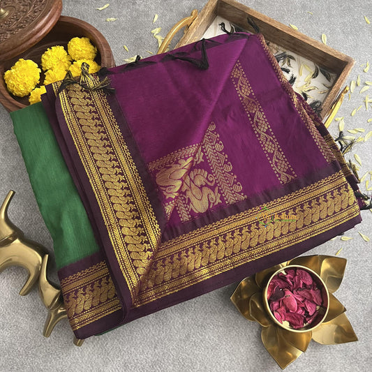 Vriksham Dark Green With Purple Border-Kalyani Cotton Saree-VS4175