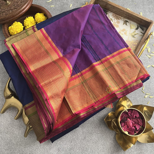 Navy Blue With Golden Border Soft Silk Saree-VS4194