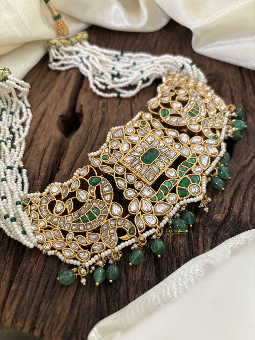 Multi Layered White Green Bead Jadau Kundan High Neck Choker-Pastel Green Bead -J1819