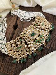 Multi Layered White Green Bead Jadau Kundan High Neck Choker-Pastel Green Bead -J1819