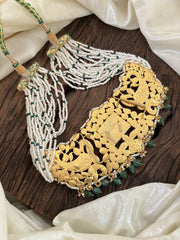 Multi Layered White Green Bead Jadau Kundan High Neck Choker-Pastel Green Bead -J1819