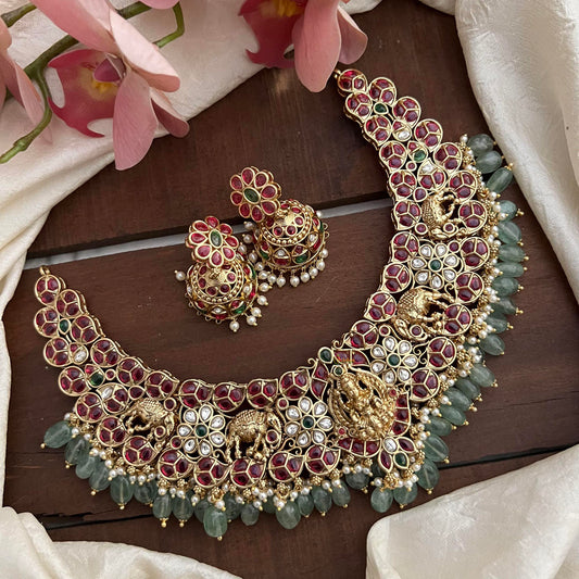 Precious Red Stone Lakshmi Elephant Neckpiece-Pastel Green Beads-Pearls-G12721