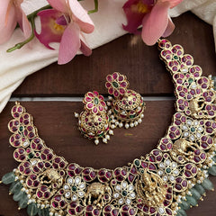 Precious Red Stone Lakshmi Elephant Neckpiece-Pastel Green Beads-Pearls-G12721