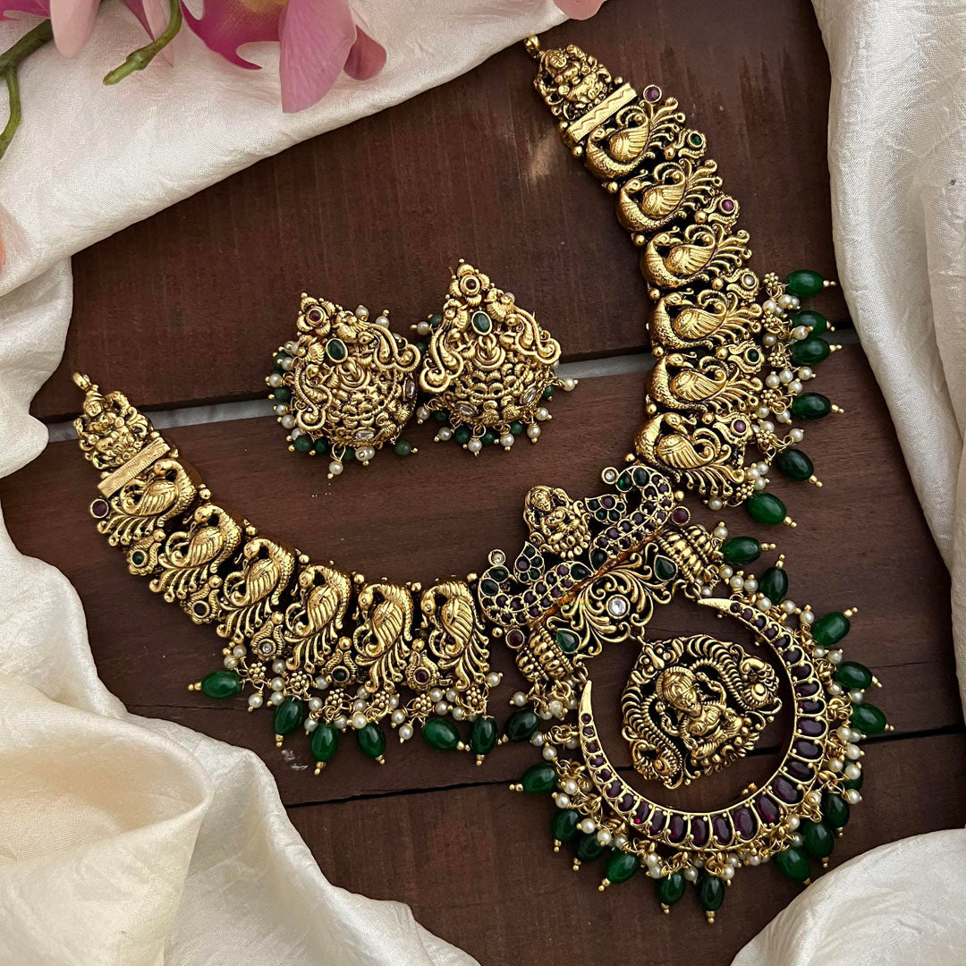 Designer Gold Alike Lakshmi Pendant Neckpiece-Green Beads-Pearls-G12719