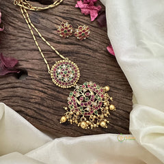 Vriksham Designer Red Green Stone Pendant Chain-Golden Bead-G15715