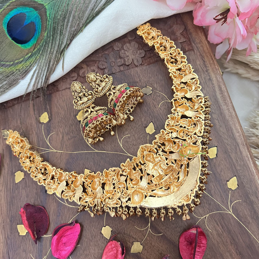 Vriksham Gold Look Alike Lakshmi Peacock Short Neckpiece-Red Green-Gold Bead-G18145