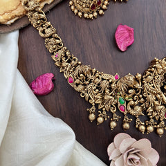 Vriksham Lakshmi Dual Elephant Long Neckpiece-Red Green-Gold Bead-G17869