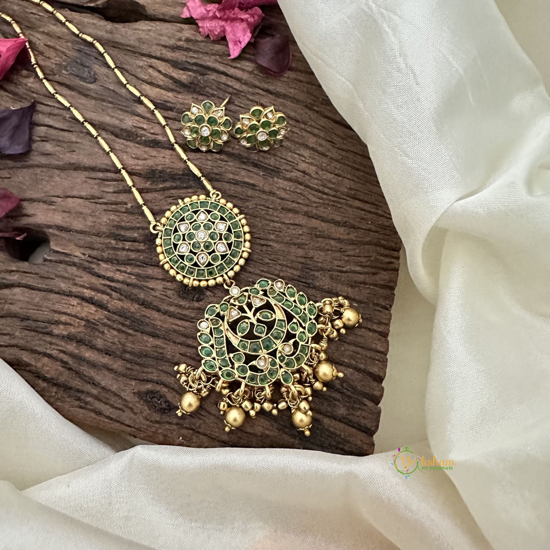 Vriksham Designer Green Stone Pendant Chain-Golden Bead-G15717