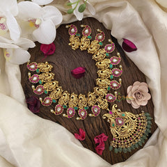 Vriksham Dual Peacock Jadau Kundan Neckpiece-Green Bead-J2572