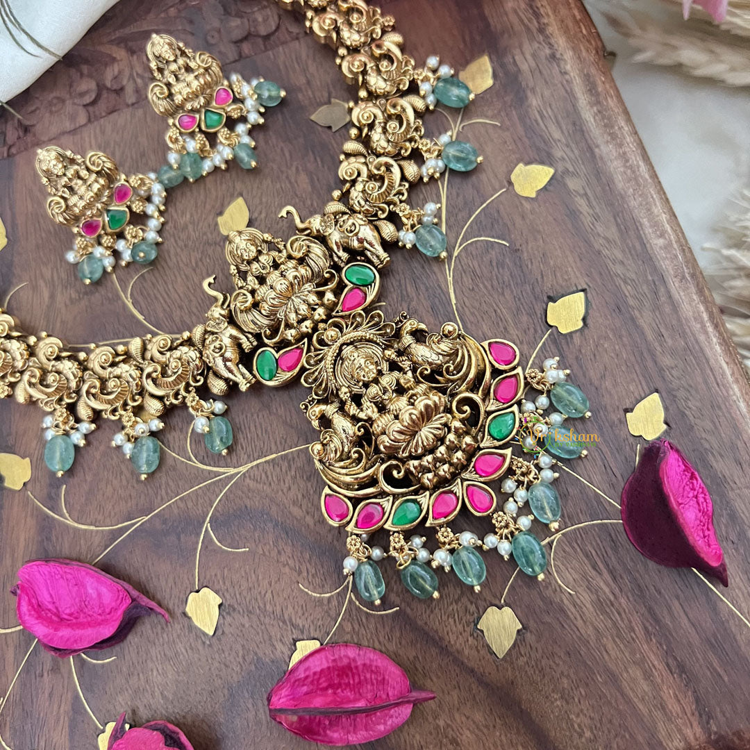 Vriksham Lakshmi Dual Peacock Pendant Short Neckpiece-Red Green-Pastel Green Bead-G18078