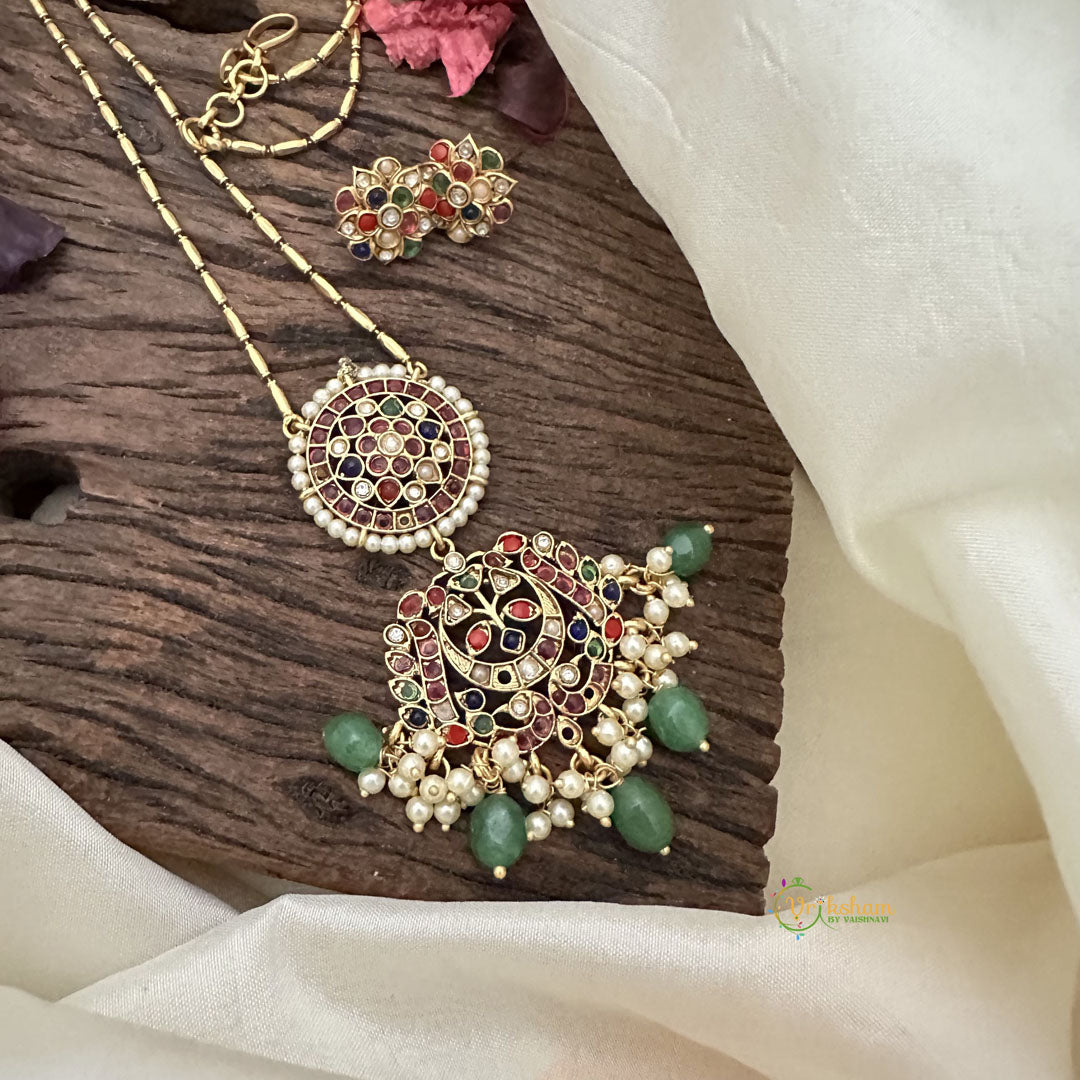 Vriksham Designer Navrathna Stone Pendant Chain-Green Bead-G15712