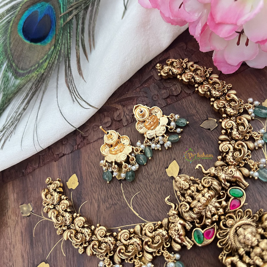 Vriksham Lakshmi Dual Peacock Pendant Short Neckpiece-Red Green-Pastel Green Bead-G18078