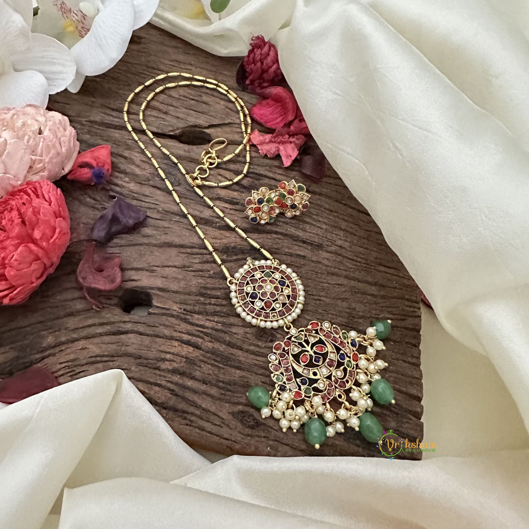 Vriksham Designer Navrathna Stone Pendant Chain-Green Bead-G15712