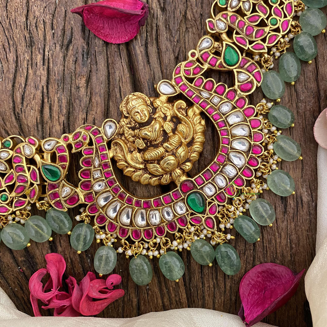 Vriksham Lakhsmi Jadau Kundan Short Neckpiece-Green Bead-J2570