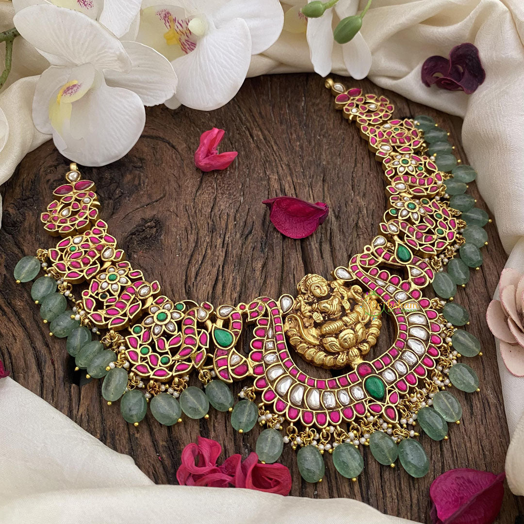 Vriksham Lakhsmi Jadau Kundan Short Neckpiece-Green Bead-J2570