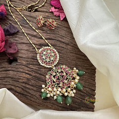 Vriksham Designer Red Green Stone Pendant Chain-Green Bead-G15714