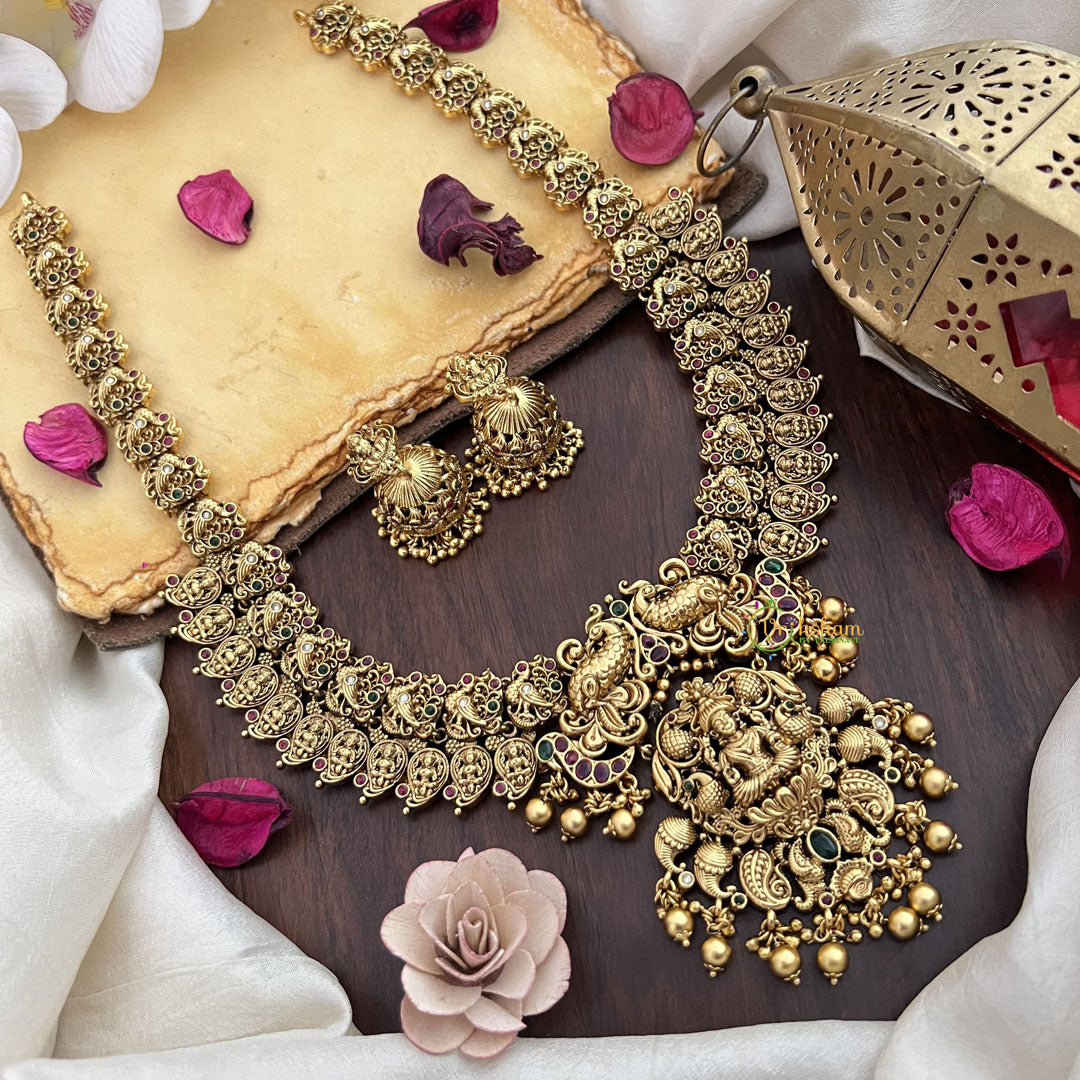 Vriksham Dual Peacock Lakshmi Pendant Long Neckpiece-Gold Bead-G17871