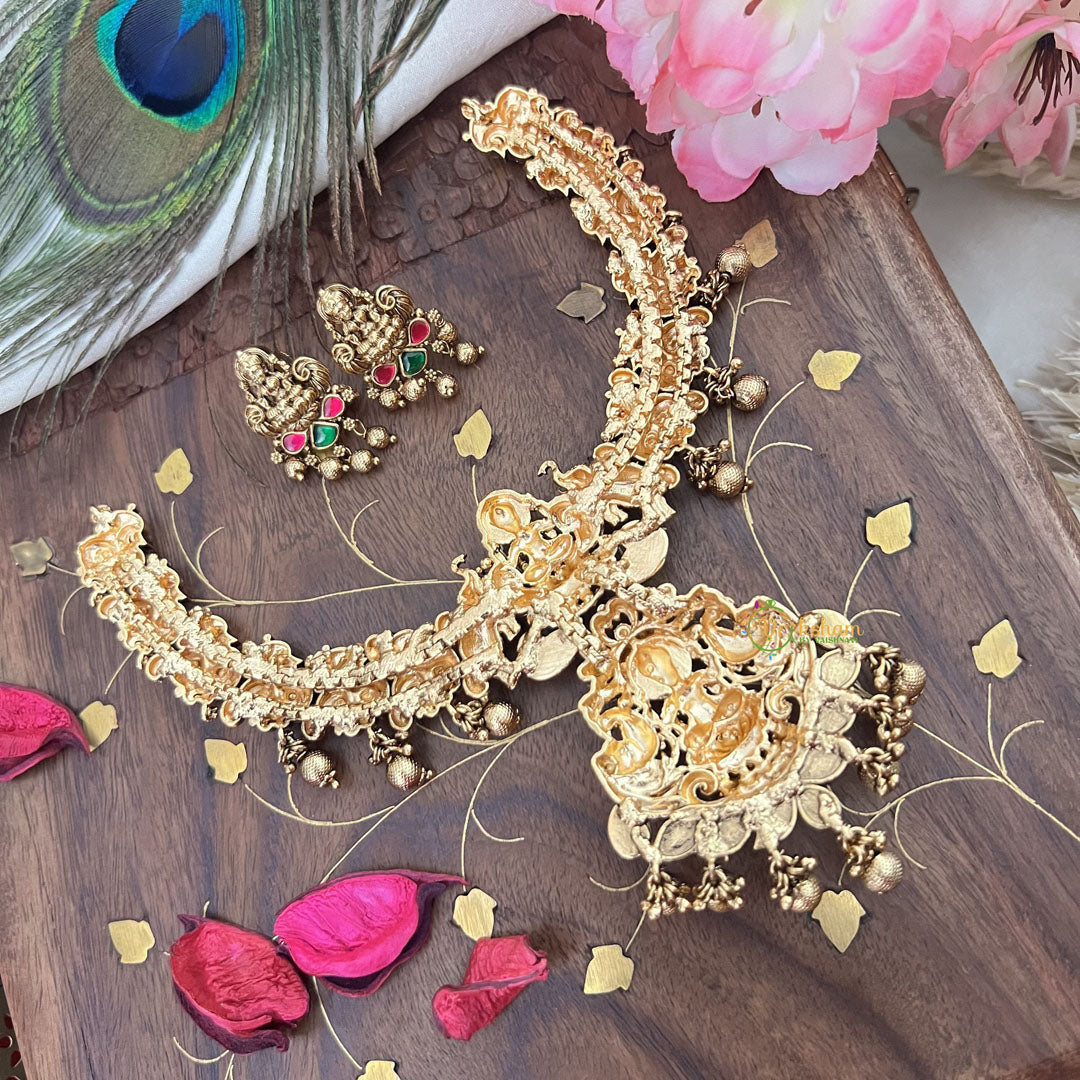 Vriksham Lakshmi Dual Peacock Pendant Short Neckpiece-Red Green-Gold Bead-G18077