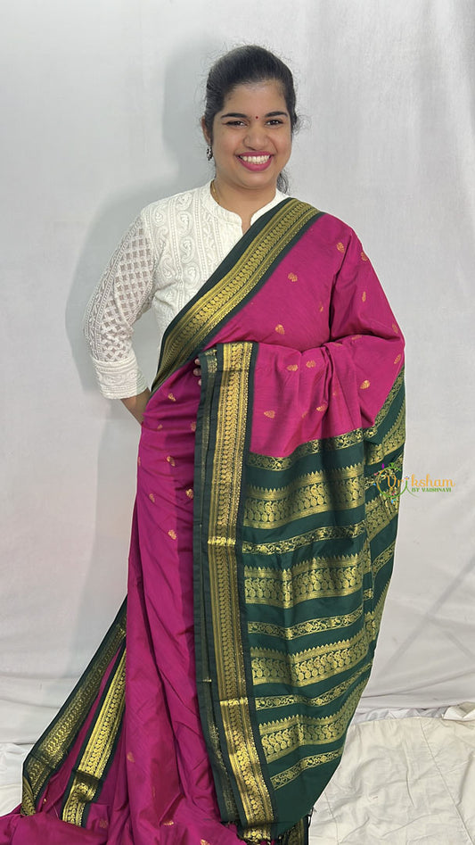 Vriksham Dark Pink With Bottle Green Border-Kalyani Cotton Saree-VS4185