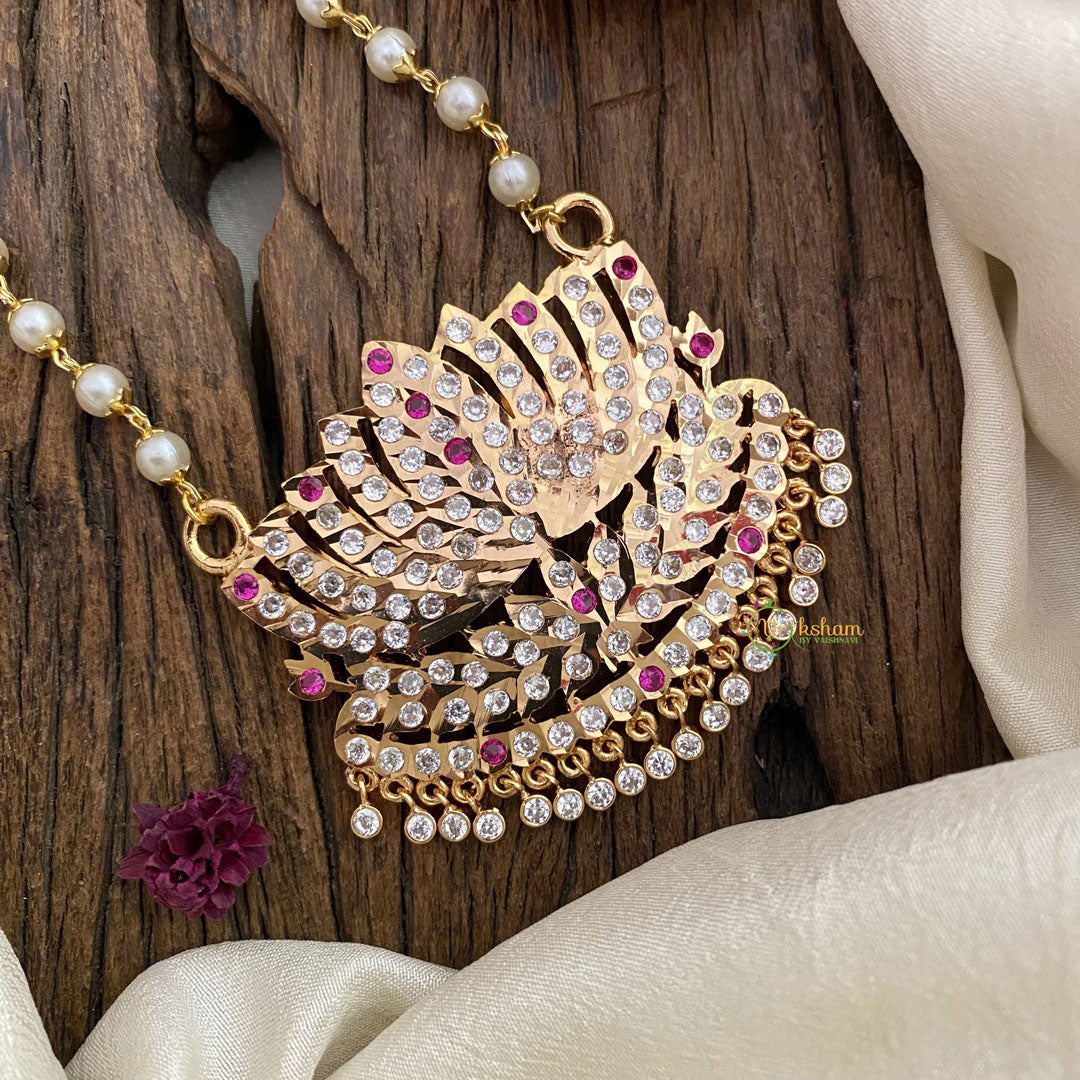Vriksham AD Stone Lotus Pendant Pearl Mala-Red-G17130