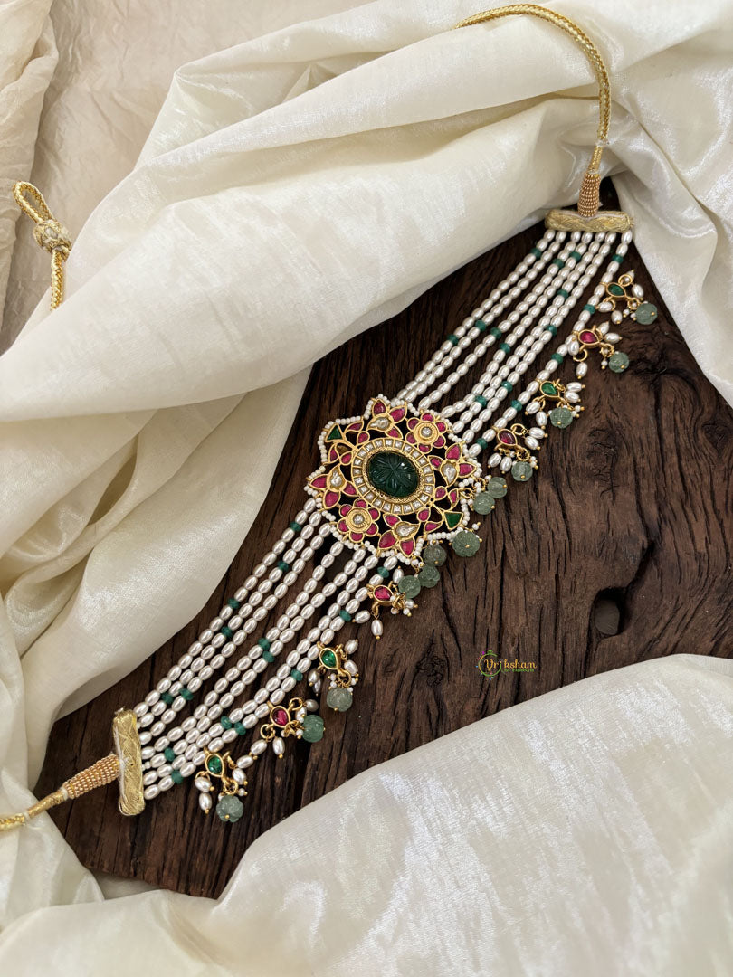 Layered Pearl Jadau Kundan High Neck Choker -Beads andd Pearls-J1808