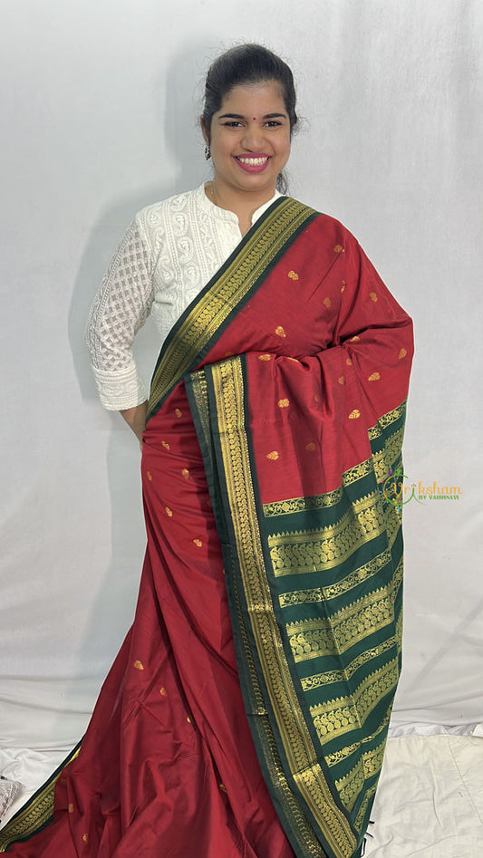 Vriksham Red With Dark Green Border-Kalyani Cotton Saree-VS4178