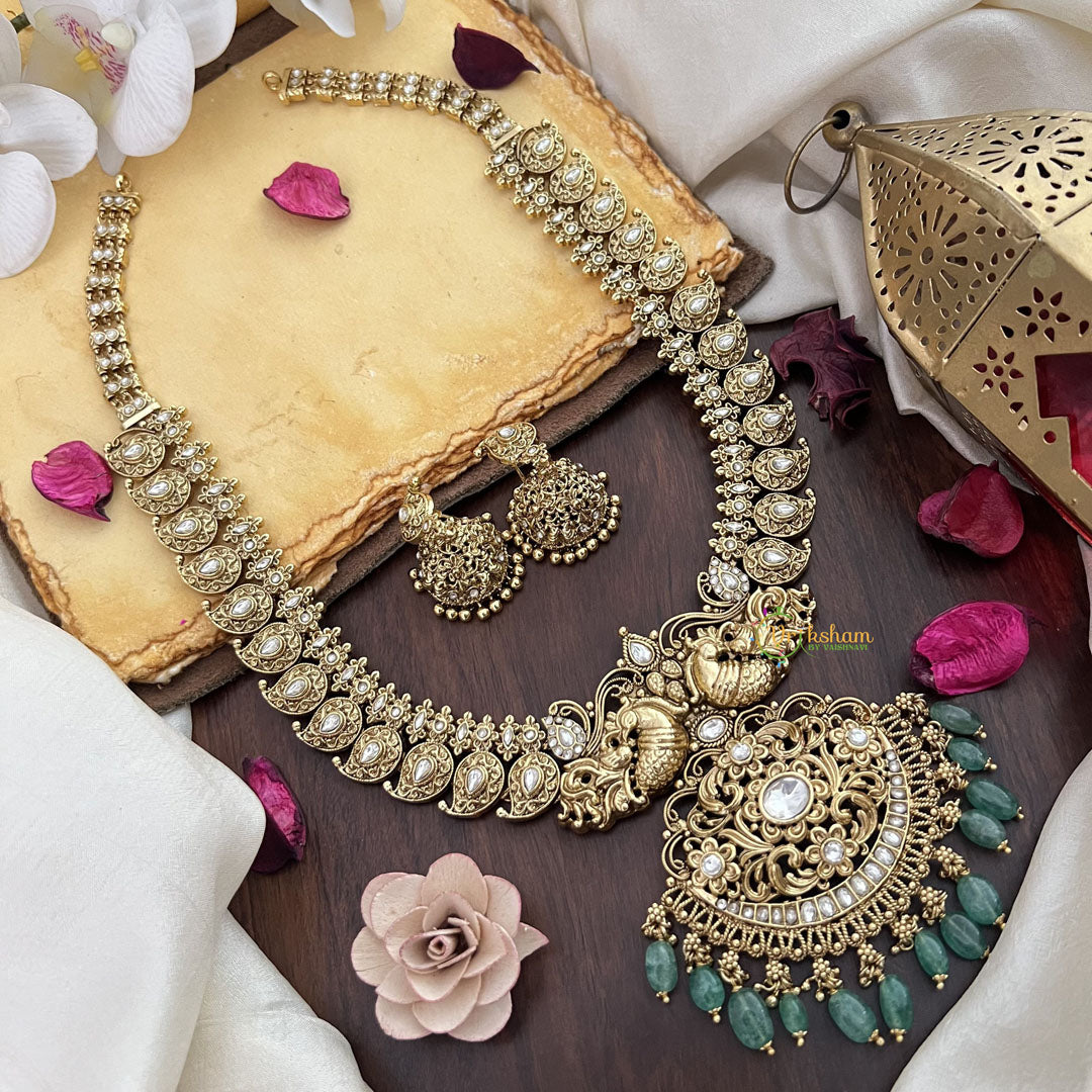 Vriksham Dual Peacock Maanga Long Neckpiece-White-Pastel Green Bead-G17872