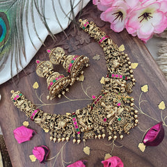 Vriksham Gold Look Alike Lakshmi Short Neckpiece-Red Green-Gold Bead-G18146