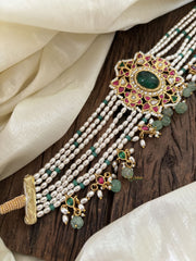 Layered Pearl Jadau Kundan High Neck Choker -Beads andd Pearls-J1808